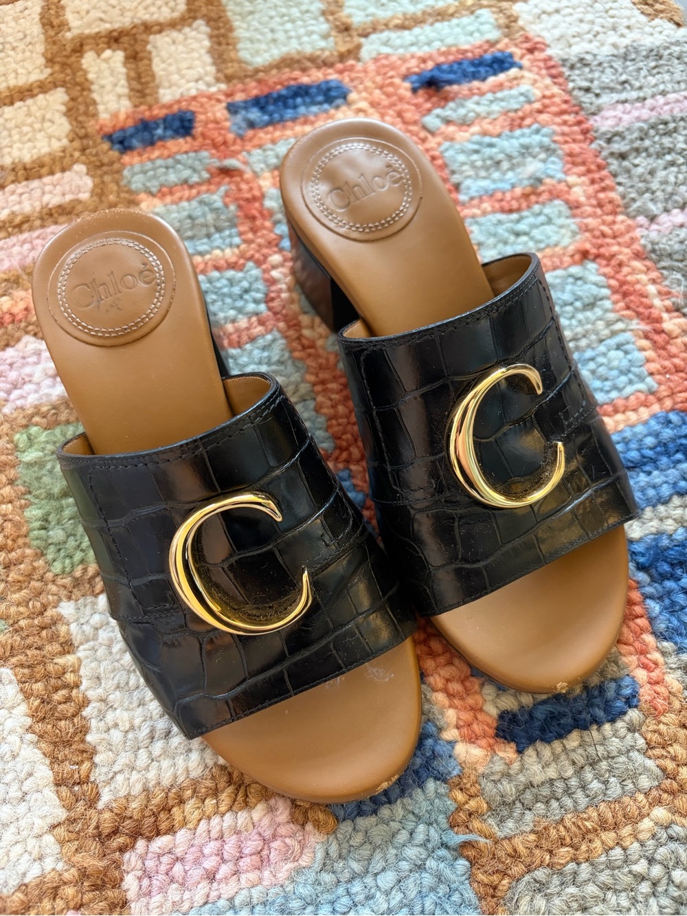 Black Croc Chloé C Logo Slide Sandals
